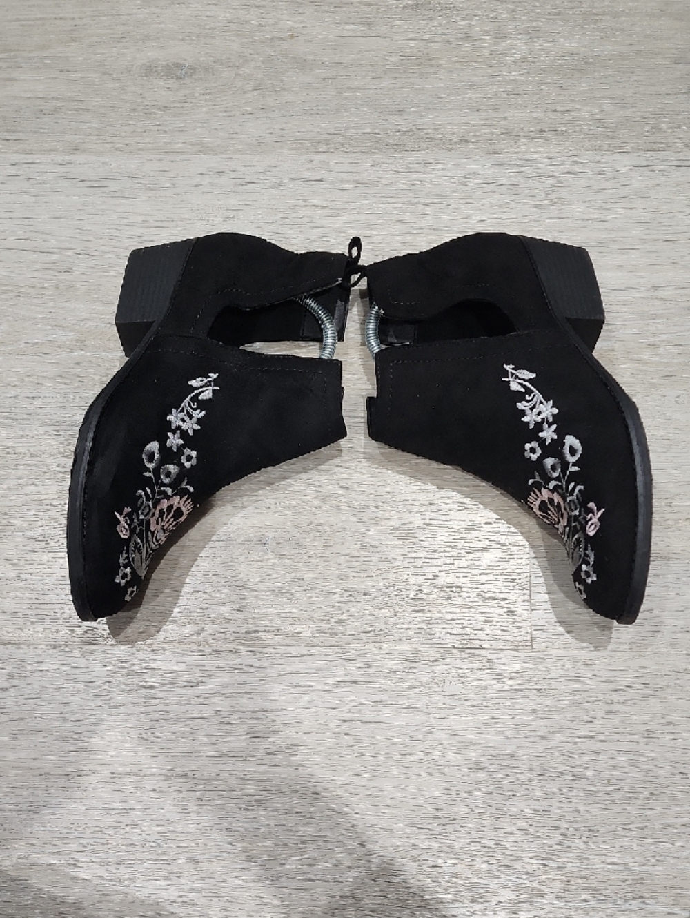 Olivia Miller Black Suede Ankle Booties with Pink & Silver Floral Embroidery 10 - Picture 6 of 8